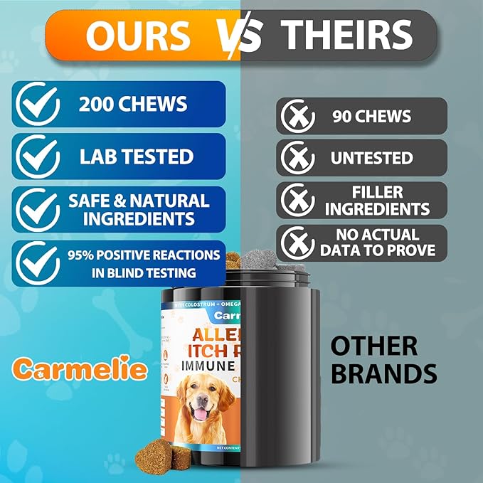 Carmelie Dog Allergy Chews 200 Chews - Dog Itching Skin Relief & Yeast - Itchy Skin and Ears & Anti Licking Paw Relief, Seasonal Allergies, Probiotics Gut Digestive, Skin & Coat Immunity - Chicken
