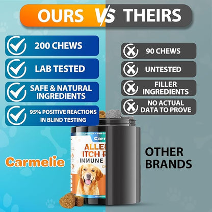 Carmelie Dog Allergy Chews 200 Chews - Dog Itching Skin Relief & Yeast - Itchy Skin and Ears & Anti Licking Paw Relief, Seasonal Allergies, Probiotics Gut Digestive, Skin & Coat Immunity - Chicken