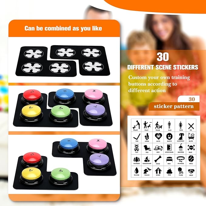 Dog Buttons for Communication, 6 Pcs Dog Talking Button Set, 30s Voice Recording Speaking Button Pet Speech Training Buzzers with 30 Scene Stickers and Waterproof Anti-Slip Mat for Animal Training