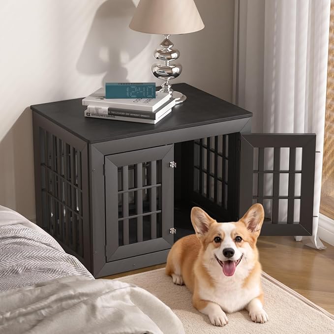 Snuowu 32" Heavy Duty Dog Crate Furniture for Small,Medium and Large Dogs,Rustic Wooden Dog Cage Kennel Indoor Furniture with Waterproof Top,Decorative Pet House Side End Table (Black)