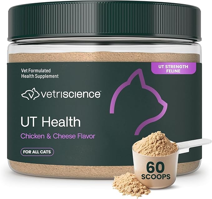 VetriScience UT Health Powder, UT Strength Cranberry D-Mannose Bladder and Urinary Tract Supplement for Cats, Bromelain and Probiotics, Healthy Mineral Balance, Chicken & Cheese, 60 Scoops