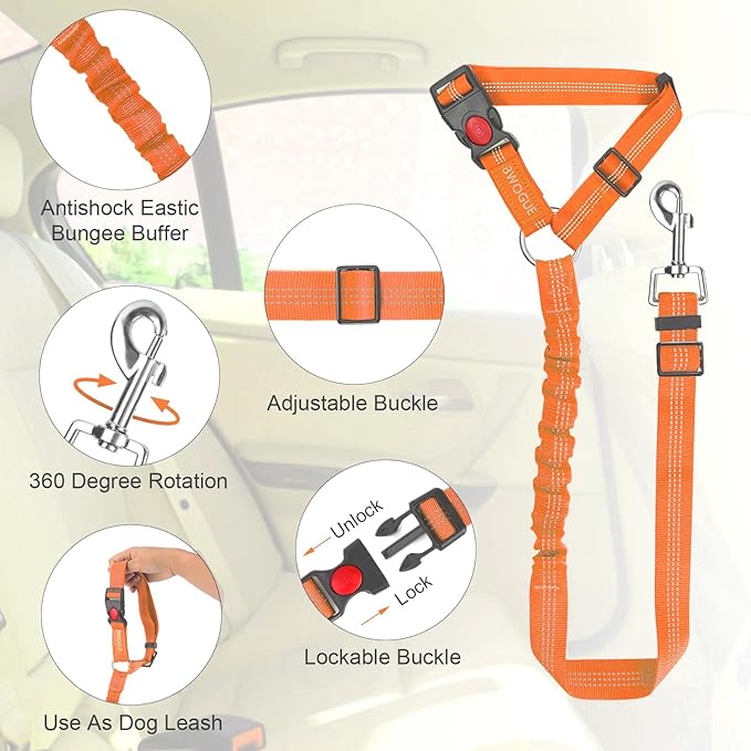 BWOGUE Pet Dog Cat Seat Belts, Car Headrest Restraint Adjustable Safety Leads Vehicle Seatbelt Harness (1 Pack, Orange, Elastic)
