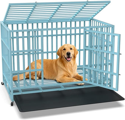 Hiwokk 48 Inch Heavy Duty Dog Crate, Indestructible Escape-Proof Dog Kennel for High Anxiety Large Dogs, Strong Metal Pet Cage with Double Doors, Lockable Wheels & Removable Tray, XL XXL XXXL