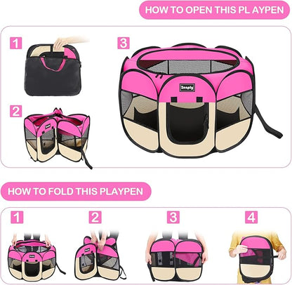 Portable Pet Dog Playpen, Pet Playpen Foldable Extra Heavy Duty Pop Up No Assembly Kennel Tent Crate Indoor Outdoor with Shade Ventilation Mesh for Small Animals, Kitten, Cat, Rabbit (Hot Pink)
