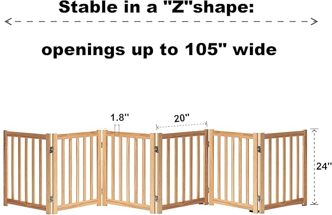 LZRS 6-Panel Extra-Wide Freestanding Wooden Dog Gate Indoor – 24”High Foldable Safety Pet Barrier for Doorways, Hallways, Kitchens, Durable Design fit Small to Medium Dogs, Natural