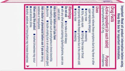 Benadryl Ultratabs Allergy Medicine, 25 mg Diphenhydramine HCl Antihistamine Tablets For Cold & Allergy Relief of Symptoms Like Sneezing, Runny Nose, Itchy Eyes & Throat, Hay Fever, 100 Count Tablets