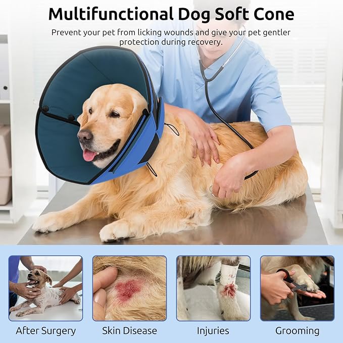 Queenmore Dog Cones for Large Dogs, Soft Dog Cone for Large Breeds, Cone for Dogs After Surgery, Adjustable Elizabethan Collar for Pet to Prevent Licking Wounds, Blue L