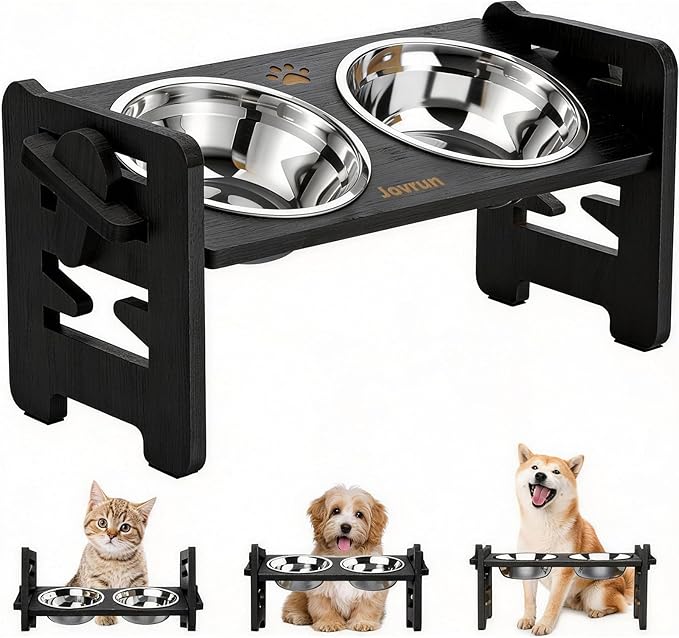 Jovrun Elevated Dog Bowls, Adjustable Raised Dog Bowl Stand for Small Size Dogs and Cats, 15°Tilted Elevated Cat Bowls, Durable Bamboo Dogs Feeder with 2 Stainless Steel Bowls and Non-Slip Feet