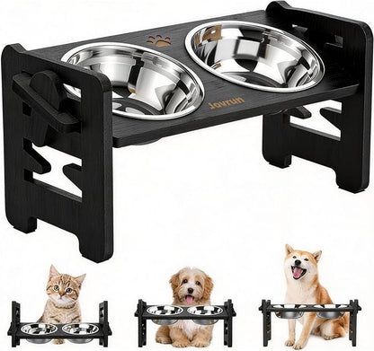 Jovrun Elevated Dog Bowls, Adjustable Raised Dog Bowl Stand for Small Size Dogs and Cats, 15°Tilted Elevated Cat Bowls, Durable Bamboo Dogs Feeder with 2 Stainless Steel Bowls and Non-Slip Feet