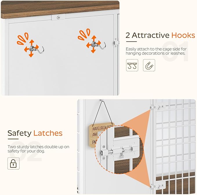 YATINEY Foldable Dog Crate Furniture, 47.2" Dog Crate with DIY Frame, Heavy Duty Dog Kennel Indoor with Hooks, Wooden Dog Cage End Table, for Small/Medium/Large Dogs, White DC120WH