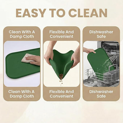 BLESWIN Non-Slip Silicone Dog Food Mat for Food and Water, 18" x 12" Raised Edge Pet Feeding Mat - Waterproof Dog Bowl Mat Easy Clean for Floor Protector,Dark Green
