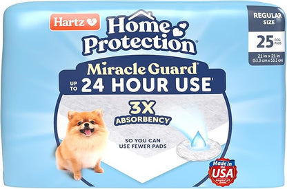Hartz Miracle Guard Dog and Puppy Dog Pads Max Absorbency 24 Hour Use Odor Eliminating No Leaks, Regular Size 25 Count