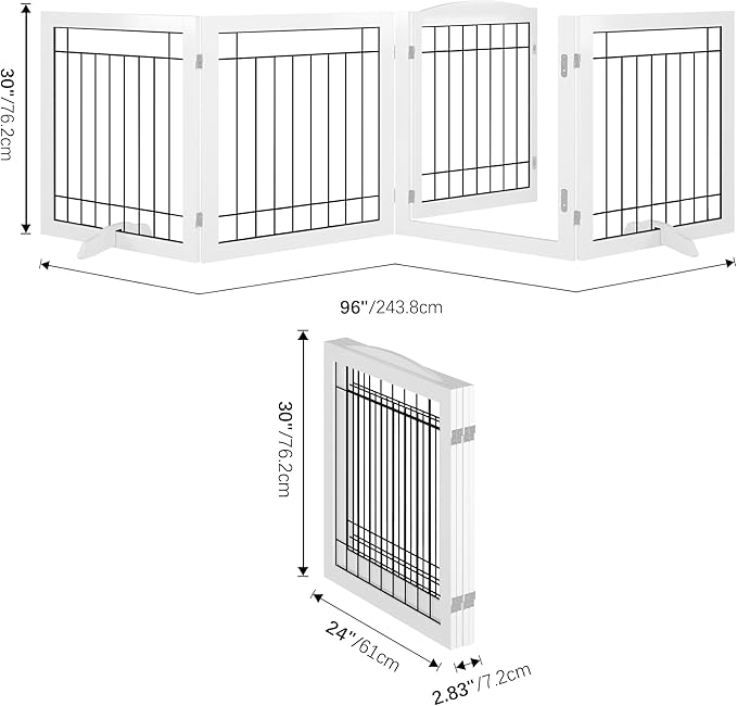 Vantas Folding Pet Gate 96" Wide, 30" Tall No-Assembly Wooden Dog Gate with Door Walk Through, Freestanding Wire Pet Puppy Safety Fence, with 2PCS Support - White