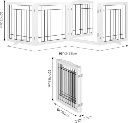 Vantas Folding Pet Gate 96" Wide, 30" Tall No-Assembly Wooden Dog Gate with Door Walk Through, Freestanding Wire Pet Puppy Safety Fence, with 2PCS Support - White
