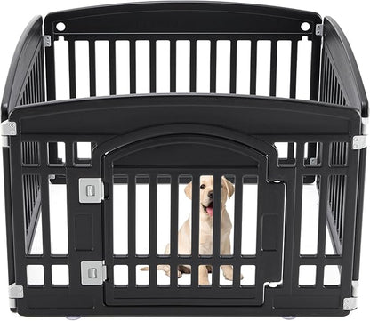 Sweetcrispy Plastic Dog Playpen, 4 Panel 24" Expandable & Durable Pet Fence for Small to Medium Dogs - Indoor & Outdoor Portable Puppy Playpen with Secure Locking Door - Black