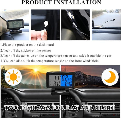 Car Digital Thermometer Clock, 2 in 1 Easy to Read Car Indoor Outdoor Thermometer with LCD Backlight, Vehicle Luminous Clock & Temperature Meter, Car Internal Accessories