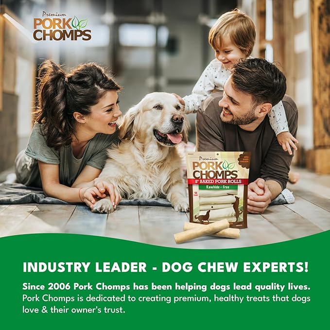 Pork Chomps Baked Pork Skin Dog Chews, 8-inch Rolls, 18 Count (Pack of 1)