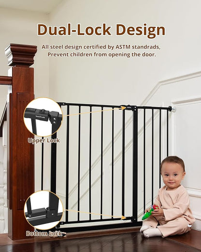 InnoTruth 28.9-42.1" Wide Baby Gate for Stairs, 30" Tall Dog Gates for Doorways Expandable One-Hand Open, Easy Walk Through Dual Lock Metal Pet Gates for Dogs, Black-Family & Mom's Choice Award Winner