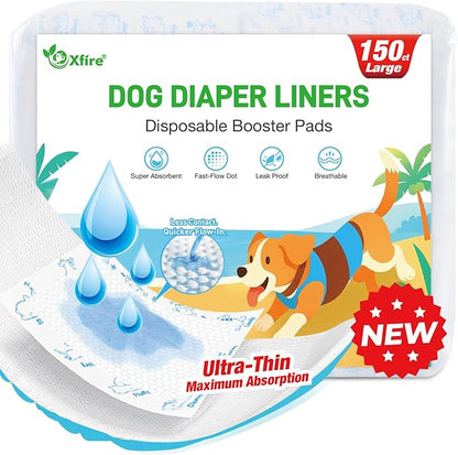 Dog Diaper Liners 150ct, Upgraded Ultra-Thin & Super Absorbent Dog Diapers Booster Pads for Male and Female Dogs, Disposable Doggy Diapers Inserts for Dog Belly Bands Wraps Period Panties (Large)