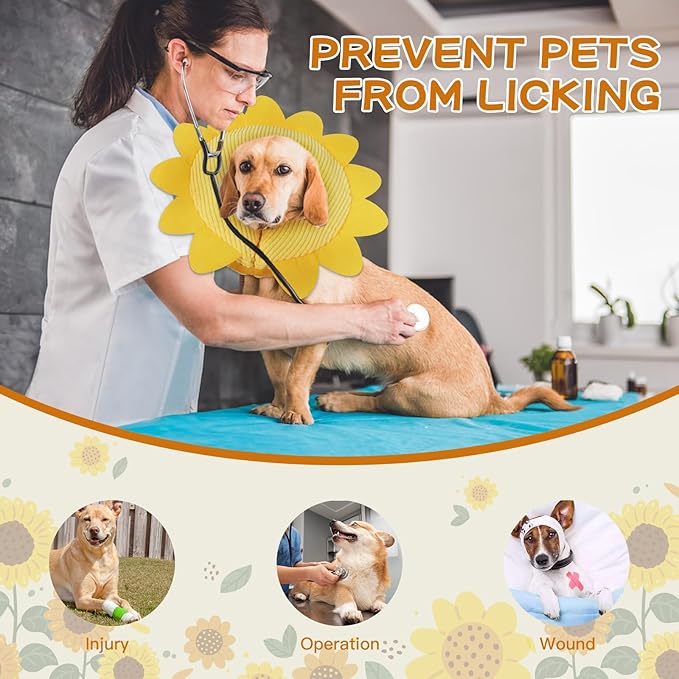 IEUUMLER Inflatable Recovery Dog Collar, Protective Donut Cone, Adjustable Soft Collar for Dog and Cat After Surgery Prevent from Biting & Scratching EU002 - Sunflower L