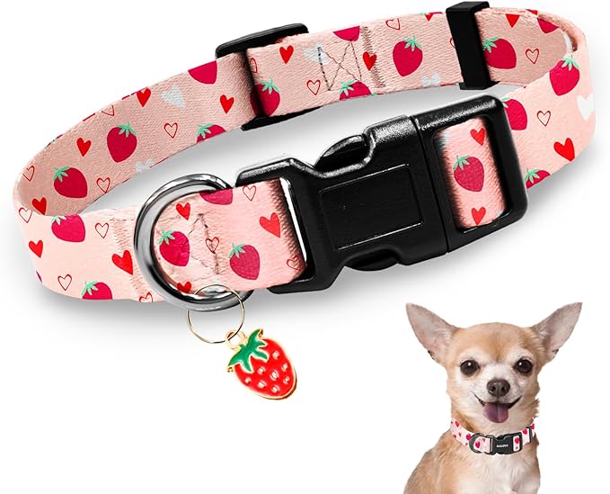 Kazazoo Dog Collar Cute and Soft Nylon Puppy Collar Girl, Adjustable Dog Collars for Small Medium Dogs, Strawberry-XS