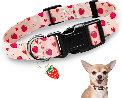 Kazazoo Dog Collar Cute and Soft Nylon Puppy Collar Girl, Adjustable Dog Collars for Small Medium Dogs, Strawberry-XS