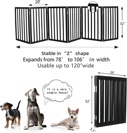 ZJSF Freestanding Indoor Dog Gate for House Foldable Wood Black Puppy Gate for Doorways Pet Gate for Stairs Extra Wide Pet Fence 32" Height 6 Panels