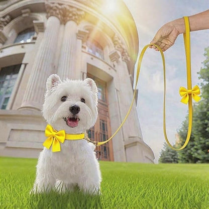 Dog Collar and Leash Set with Bowtie, Girl Dog Collars Metal Buckle Adjustable for Small Medium Dogs (Yellow, S: Neck 10"-16" Leash 5 FT)