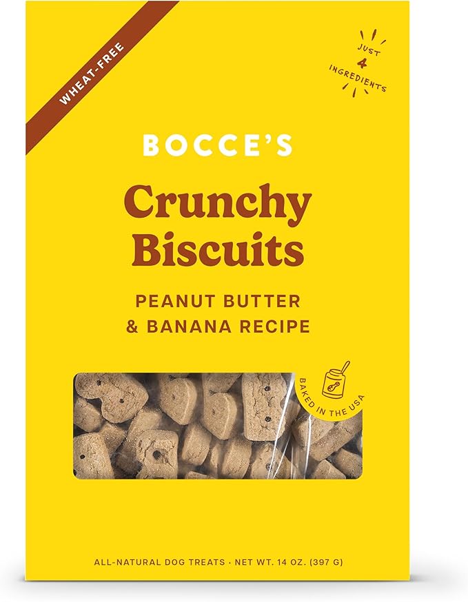 Bocce's Bakery Oven Baked PB & Banana Recipe Treats for Dogs, Wheat-Free Dog Treats, Made with Real Ingredients, Baked in The USA, Natural Peanut Butter & Banana Biscuits, 14 oz