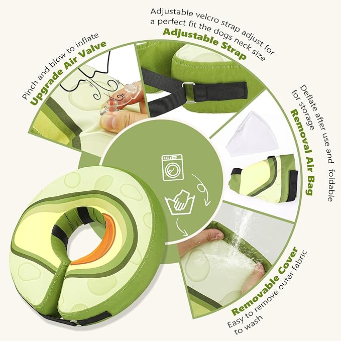 Inflatable Dog Cone Collar to Stop Licking, Soft Neck Donut Collar After Surgery, Adjustable Recovery Cone for Small Medium Large Dogs (Avocado,M)