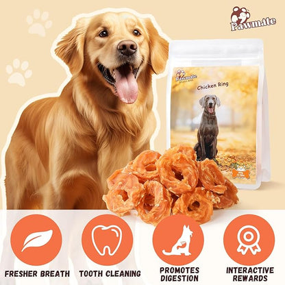 Pawmate Dog Treats Chicken Jerky Rings, Rawhide-Free Grain-Free Real Dried Tenders Natural Chicken Breast Dog Chewy Training Snacks for Small Medium Large Dogs Large Pack, 10.6 oz