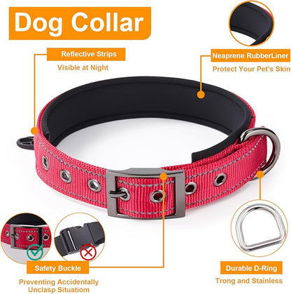 Annchwool Adjustable Dog Collar and 5FT Leash Set with Heavy Duty Metal Buckle–Comfortable Lining Reflective Collar & Dual-Handles for Small Medium Large Dogs Walking,Running,(Red Set,L:17''-23'')