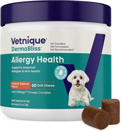 Vetnique DermaBliss Dog Allergy Chews for Seasonal Allergy Itch Relief, Skin & Gut Health with Probiotics and Omega 3 Blend - Advanced or Regular Strength (60ct, Regular Strength Chews)