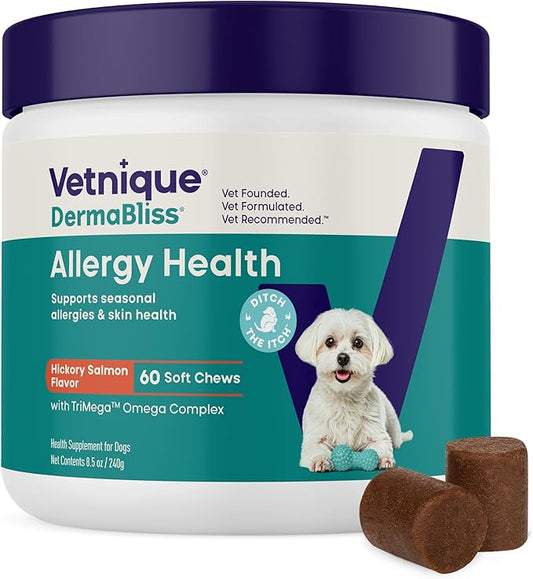 Vetnique DermaBliss Dog Allergy Chews for Seasonal Allergy Itch Relief, Skin & Gut Health with Probiotics and Omega 3 Blend - Advanced or Regular Strength (60ct, Regular Strength Chews)