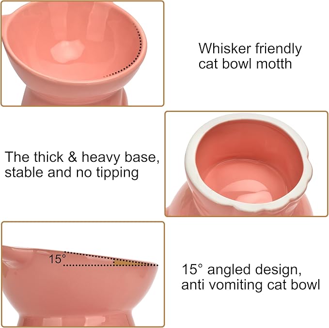 Elevated Cat Food Bowl,9 Oz Ceramic Raised and Tilted Water Bowl,Anti Vomiting and Protect Pets Spines Dishes for Fat Faced Cat, Indoor Cats,Kitten,Small Dog (Yellow)