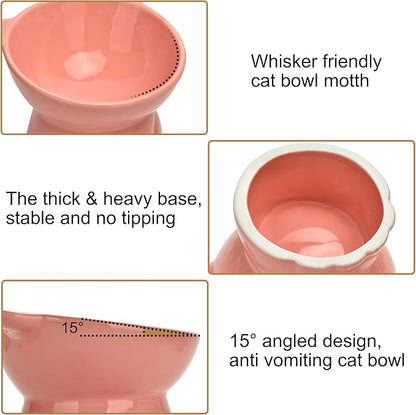Elevated Cat Food Bowl,9 Oz Ceramic Raised and Tilted Water Bowl,Anti Vomiting and Protect Pets Spines Dishes for Fat Faced Cat, Indoor Cats,Kitten,Small Dog (Yellow)