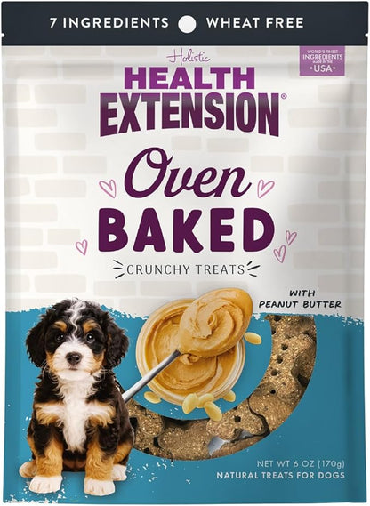 Health Extension Oven-Baked Dog Treats, Peanut Butter Recipe – Gluten & Wheat-Free, Superfood-Infused, Crunchy Biscuits for Puppy Training (6oz)