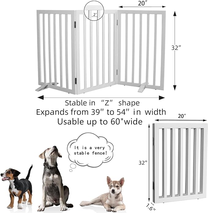 Dog Gate Indoor, Freestanding Dog Fence for The House, Doorways, Hallways,or Stairs,Pet Gate Foldable Wooden,Expandable 32" Height 3 Panels,White