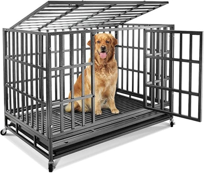 Confote 47Inch Heavy Duty Dog Kennel Strong Metal Dog Cage Pet Crate for Medium and Large Dogs with Four Lockable Wheels, Removeable Tray