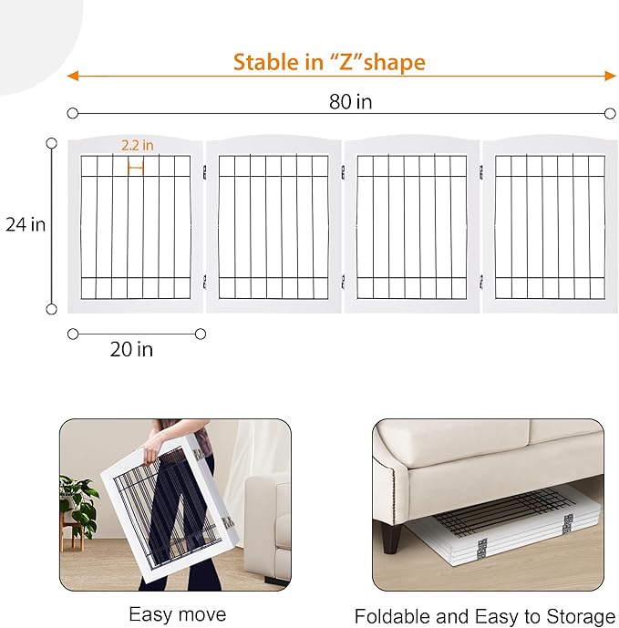 LZRS 4-Panel Extra-Wide Wooden Freestanding Dog Gate: Foldable Solid Wood and Steel Wire Chew Resistant Safety Barrier for Doorways, Stairs, and Large Open Spaces Indoor Use, White