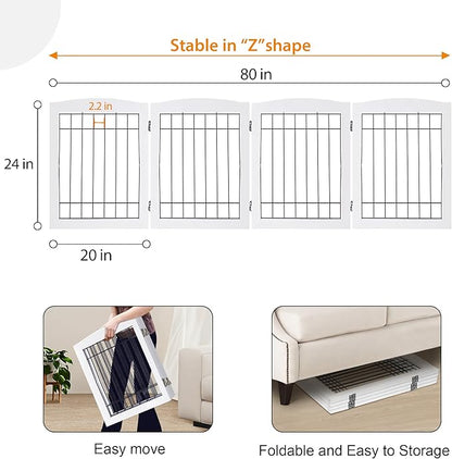 LZRS 4-Panel Extra-Wide Wooden Freestanding Dog Gate: Foldable Solid Wood and Steel Wire Chew Resistant Safety Barrier for Doorways, Stairs, and Large Open Spaces Indoor Use, White