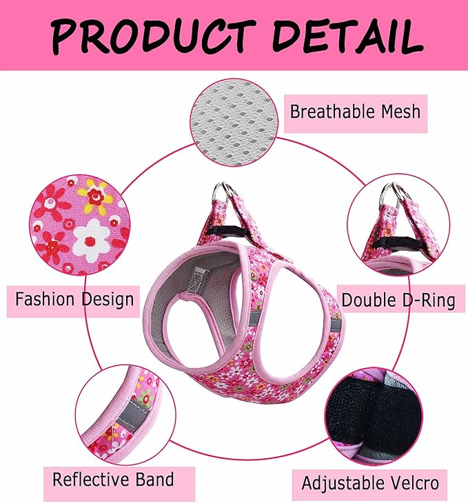 Moonpet Step in Dog Harness Leash Set- All Weather Reflective No-Pull Floral Pattern Padded Mesh Vest Harness for Cats Puppy Extra-Small Small Medium Large Dogs - Pink Flower - L