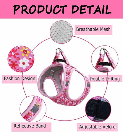 Moonpet Step in Dog Harness Leash Set- All Weather Reflective No-Pull Floral Pattern Padded Mesh Vest Harness for Cats Puppy Extra-Small Small Medium Large Dogs - Pink Flower - L