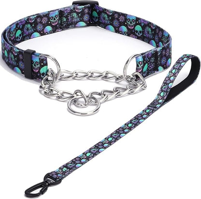 Martingale Dog Collar with Stainless Steel Chain - Limited Chain Cinch Training Collar for No Pull Training Dog - Flower Multicolor Cute Patterns - Premium No Slip Collar (S, Skull Set)
