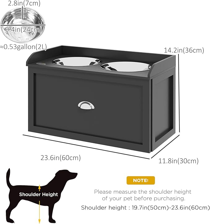 PawHut Dog Feeding Station with Storage Drawer - Removable Elevated Dog Bowls for Large Dogs, Black