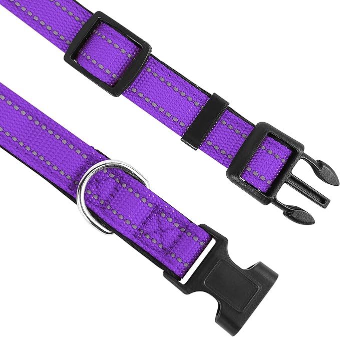 Reflective Dog Collar, Adjustable Soft Neoprene Padded Nylon Pet Collars with Buckle for Puppy and Small Dogs, Cats, Purple,XS
