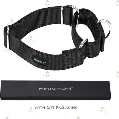 Mikivery Martingale Dog Collar Nylon Adjustable and Safety Training Colourful Comfortable Metal Buckle Pet Collars for Small Medium and Large Dogs(Black,L)