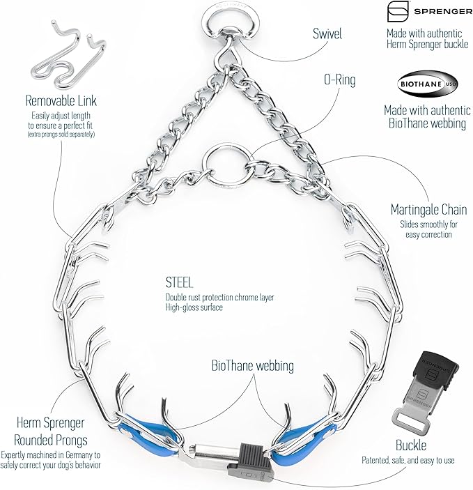 Herm Sprenger Chrome Plated Steel Dog Collar with Quick Release ClicLock Buckle and Biothane Insert Training Collar for Dogs Made in Germany (Cerulean Blue, 23in x 3.2mm(Neck Size up to19-20in))