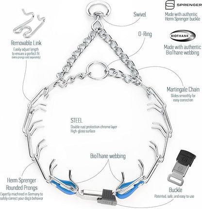 Herm Sprenger Chrome Plated Steel Dog Collar with Quick Release ClicLock Buckle and Biothane Insert Training Collar for Dogs Made in Germany (Cerulean Blue, 23in x 3.2mm(Neck Size up to19-20in))