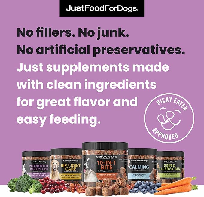 JustFoodForDogs Probiotic Booster Supplement for Dogs, Human Grade Dog Supplements, Immune and Digestive Support, Multivitamin Soft Chews, Superfood Blend, Plant Based Dog Vitamins - 45 Count
